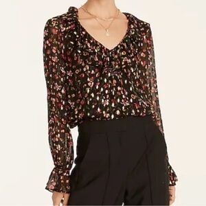 J.Crew Black & Gold Metallic Ruffle Neck Top In Midnight Vintage Floral Sz S
